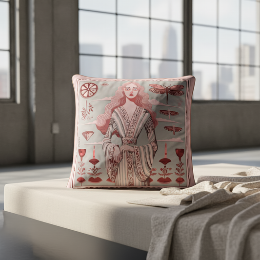 luxurious artistic cushion with a woman's portrait and nature elements on a sofa. artistic design by NOE MI
