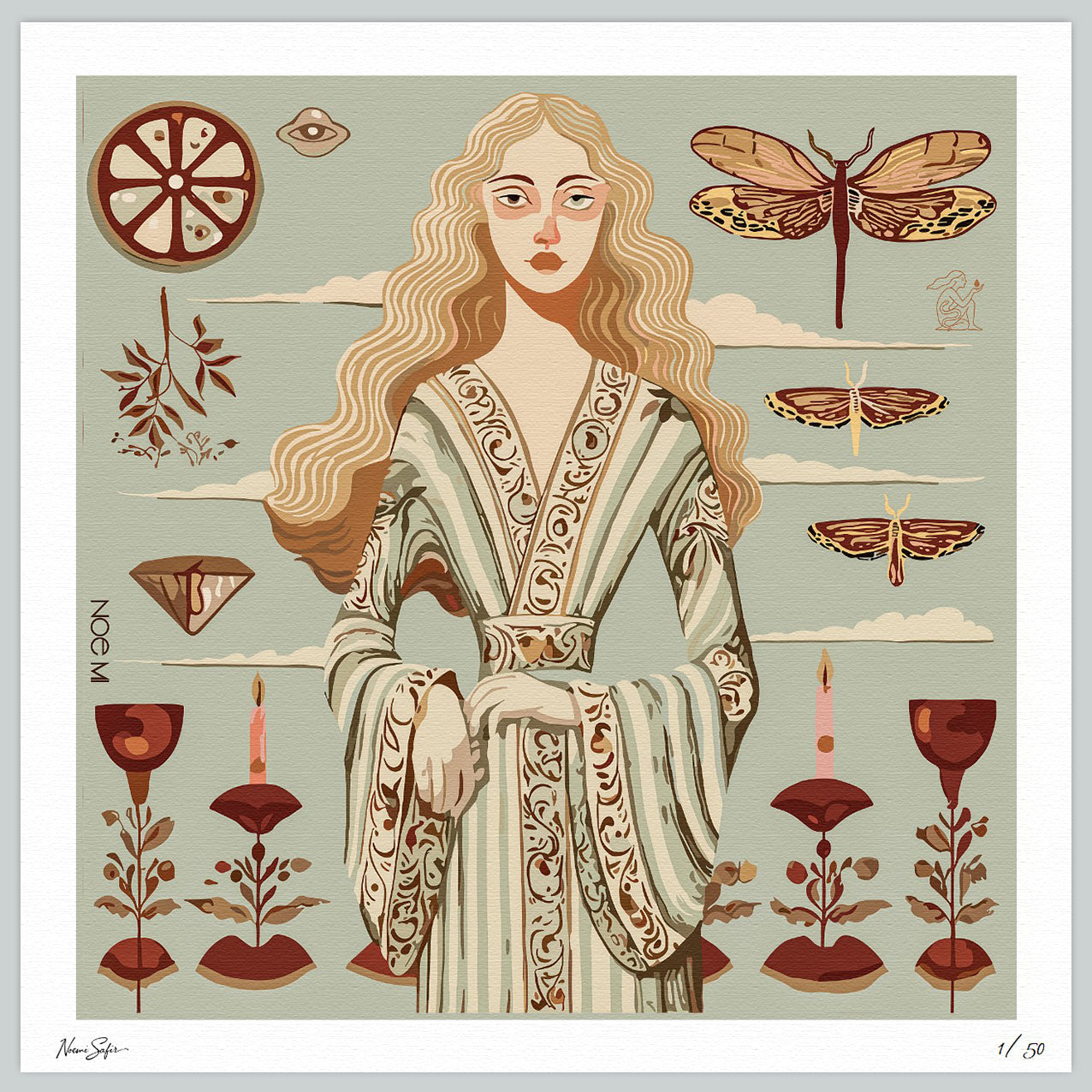 Illustration of a woman in an ornate dress surrounded by nature elements on a light green background, wall art by NOE MI, Perfect as a collectible art print or gift for art lovers