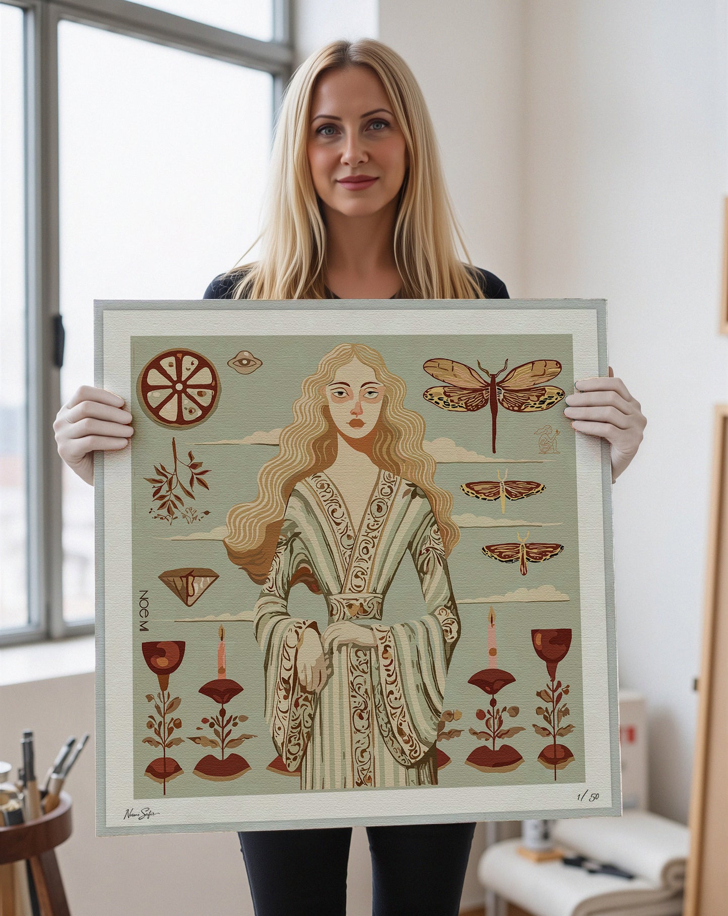 artist Noemi Safir with her artwork of a woman with decorative elements, Archival, acid-free paper for long-lasting quality