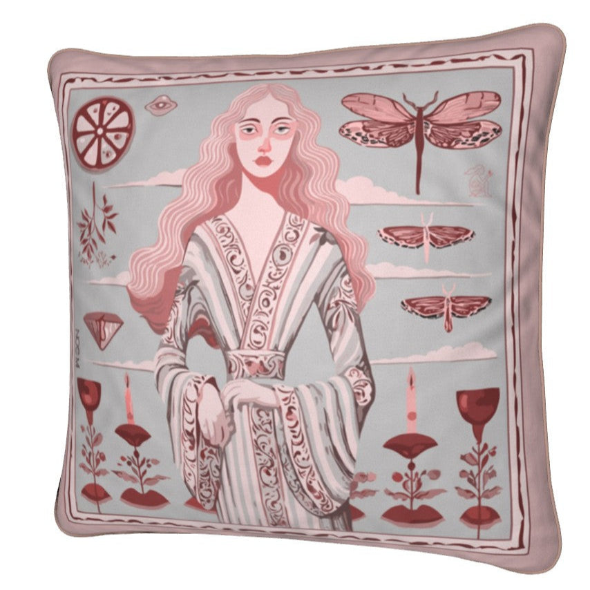 Decorative pillow with a woman's portrait and nature elements on a light blue background, designed by NOE MI