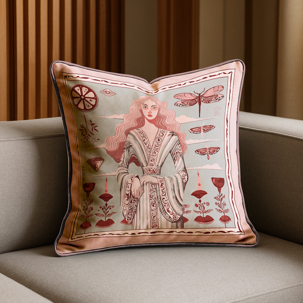 luxurious artistic cushion with a woman's portrait and nature elements on a sofa. artistic design by NOE MI