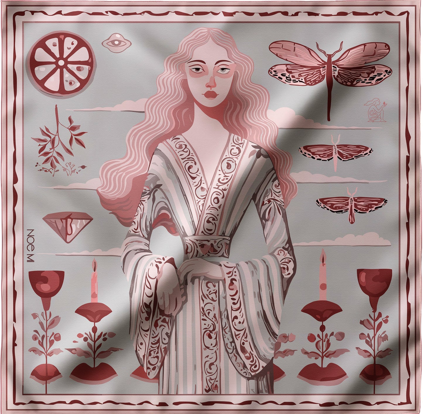 Decorative NOE MI silk twill scarf with a woman's portrait and nature-themed design