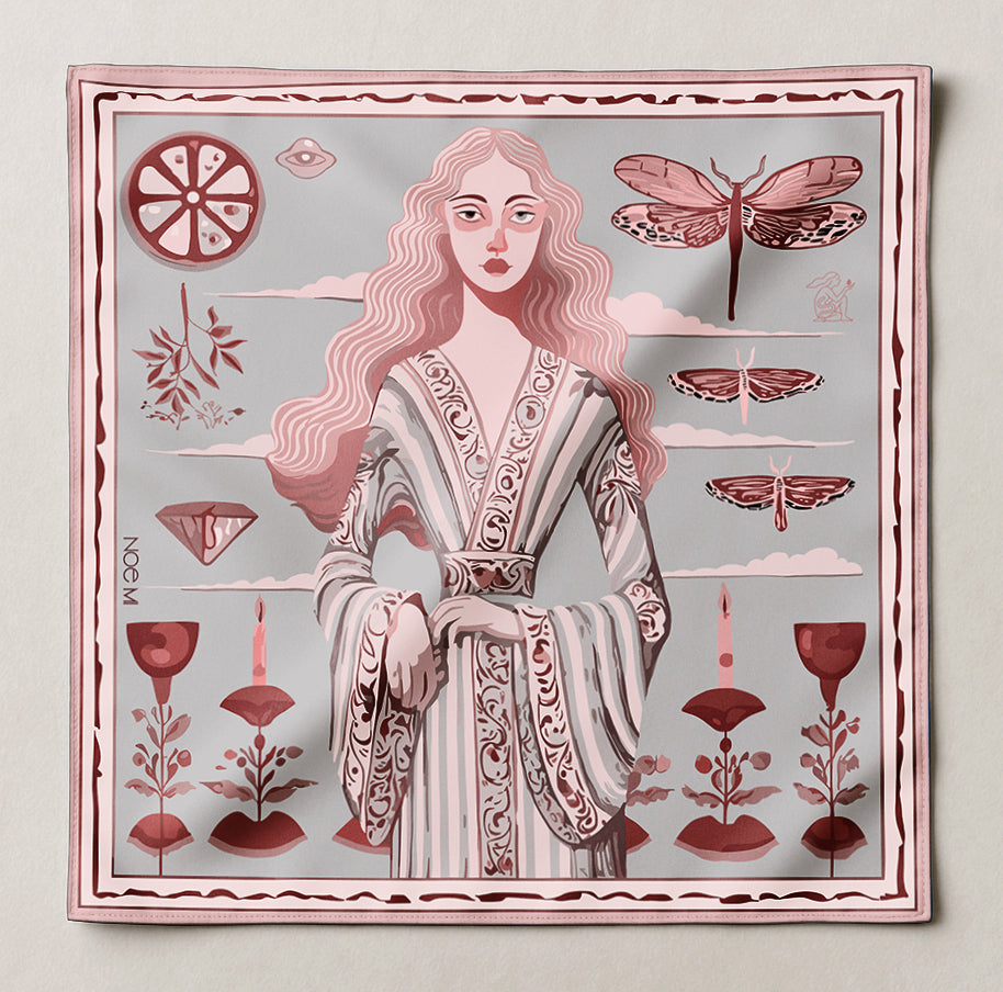 printed square silk twill scarf with a stylized art illustration of a woman in an ornate dress, surrounded by decorative elements on a light gray background.