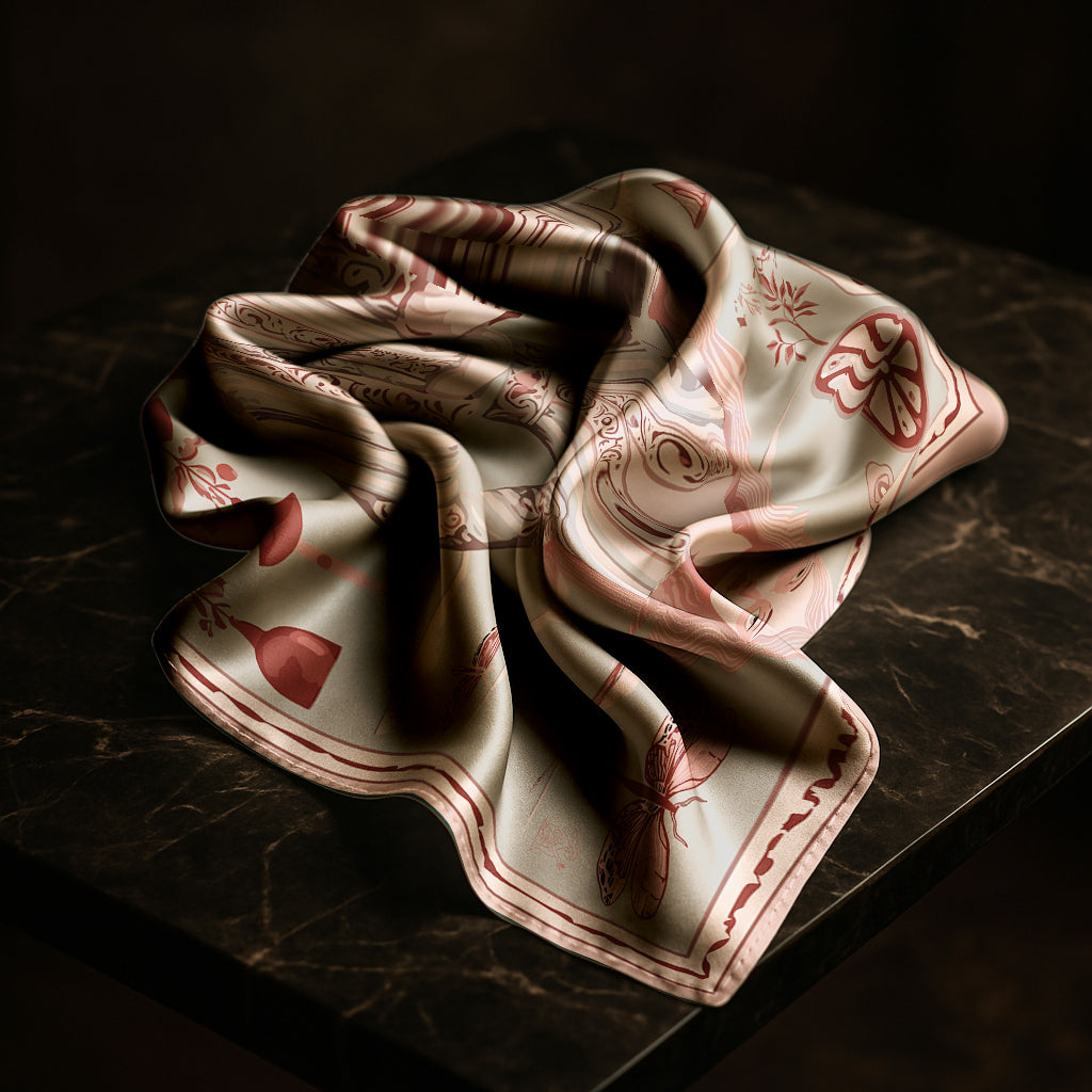 Folded twill silk art scarf with red patterns on a dark surface