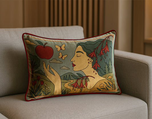 Decorative rectangular luxury velvet pillow/cushion in light blue with artistic design of a woman, apple, and butterflies on a couch.