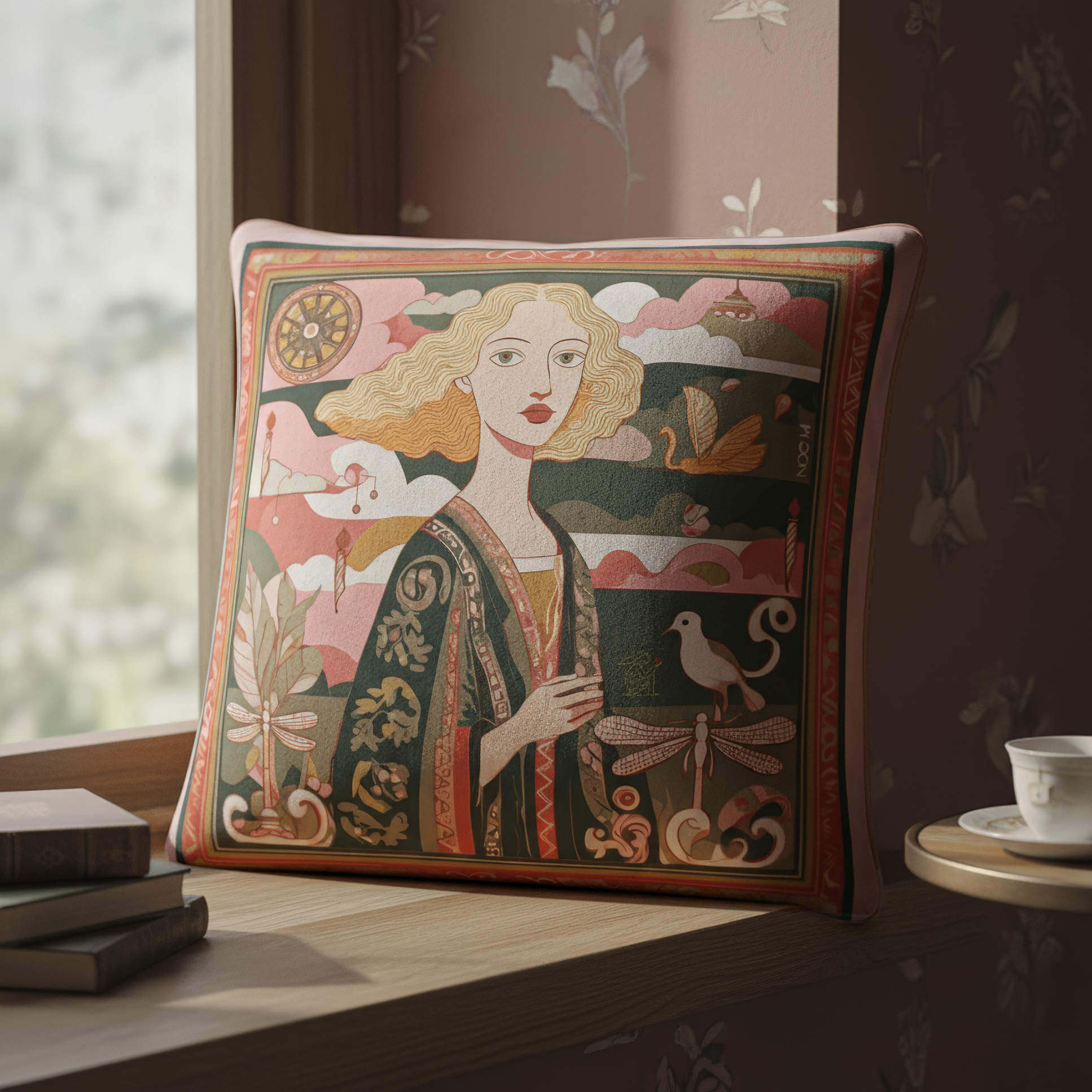 a stylish velvet square cushion with piping and artistic print , to elevate and inspire every space, by NOE MI