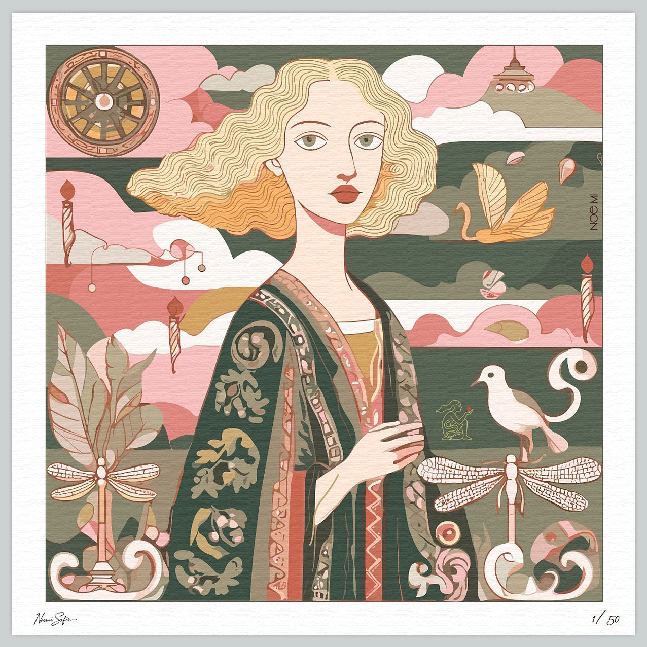Artistic illustration of a woman with decorative elements and symbols in the background
