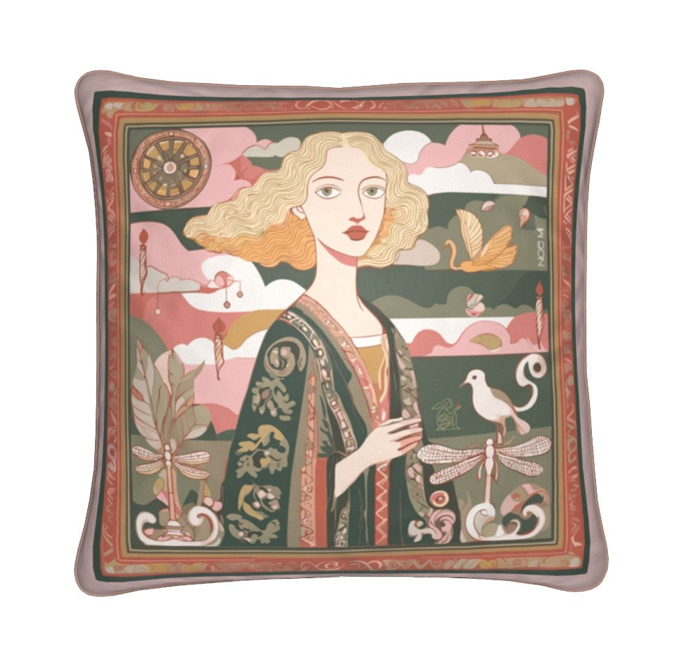 Decorative throw pillow with a woman's portrait and nature elements, luxurious design by NOE MI