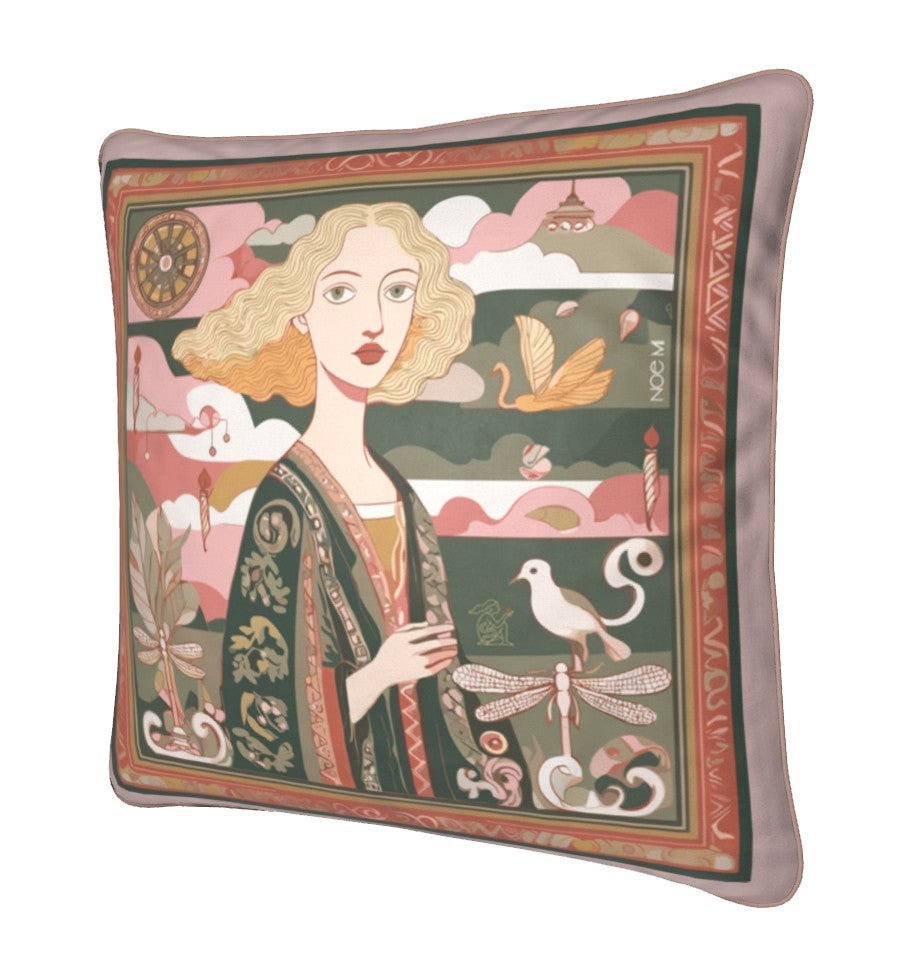 Decorative luxury velvet pillow / cushion by NOE MI with artistic design of a woman and nature elements on a white background