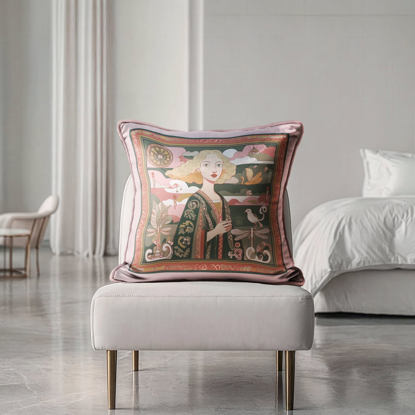 Luxury velvet shimmer cushion with art print of woman in flowing green gown and symbolic elements, design by NOE MI
