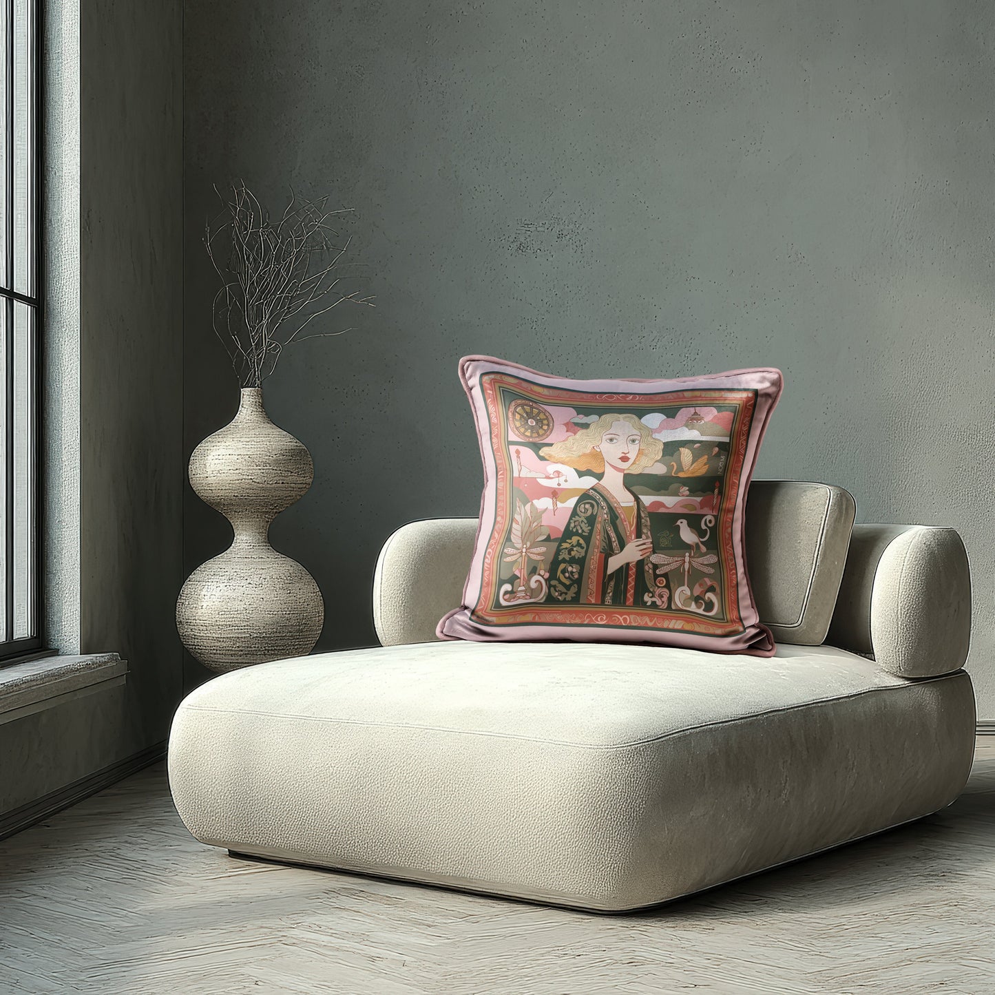 Designer velvet throw pillow featuring Noemi Safir’s artwork, decorative square cushion with full-edge piping and surreal art-inspired design by NOE MI