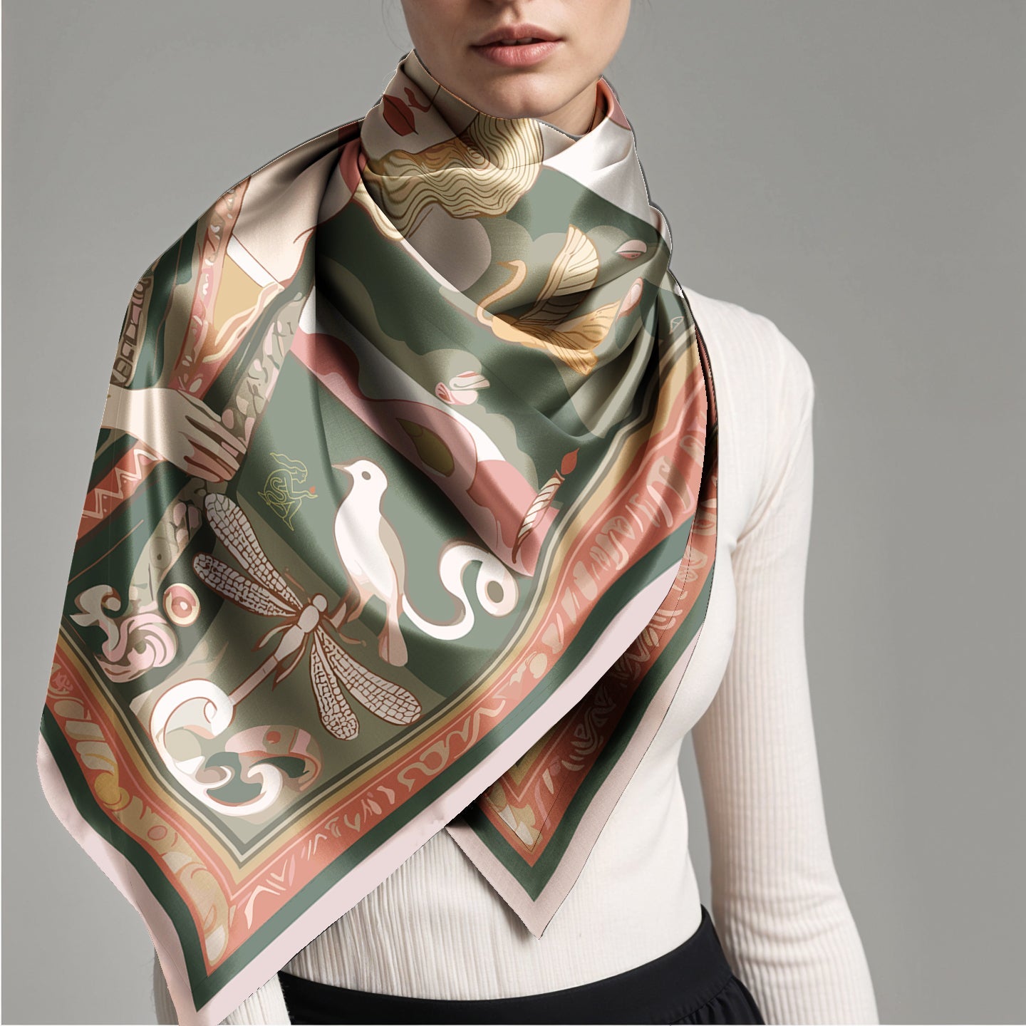 Woman wearing a Luxury art silk twill scarf by NOE MI on a gray background