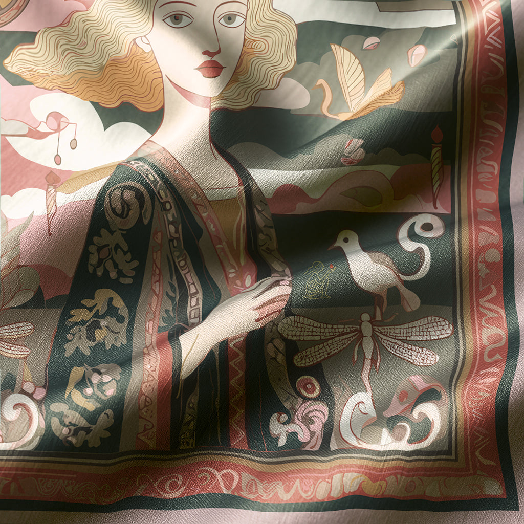 Decorative Luxury art silk twill scarf by NOE MI with artistic depiction of a woman and nature elements.