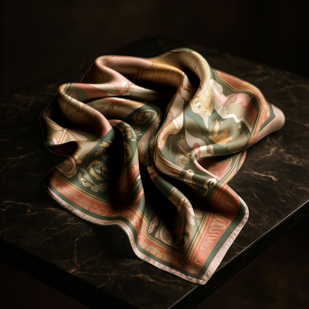 Decorative Luxury art silk twill scarf by NOE MI with intricate patterns on a dark surface