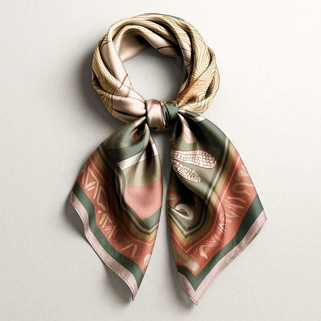 Patterned Luxury art silk twill scarf by NOE MI with a mix of green, pink, and beige colors by NOE MI