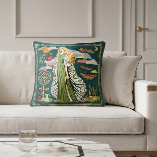 Gown Stories velvet cushion from NOE MI, artistic square pillow with figurative feminine storytelling, green gown illustration and symbolic motifs.