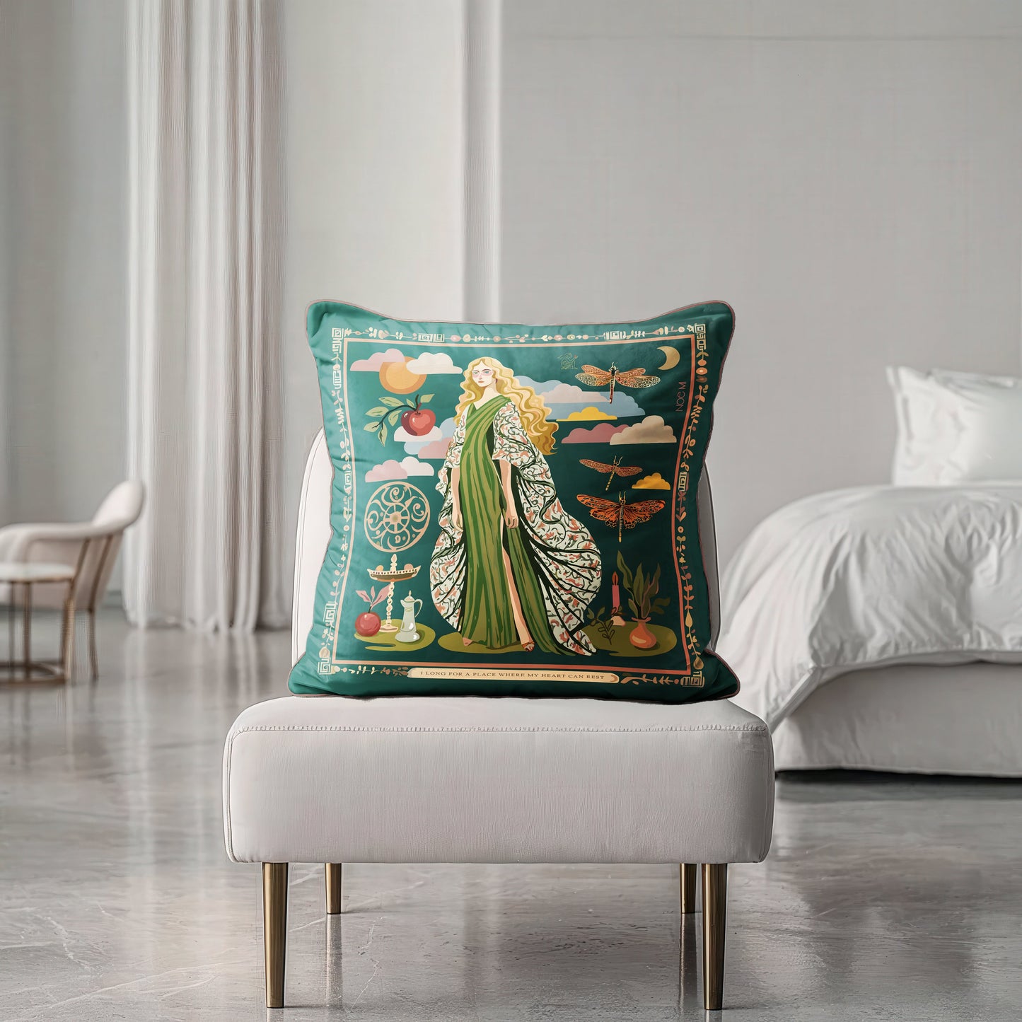 NOE MI luxury decorative cushion, Gown Stories artwork with symbolic female figure, dragonflies, and apple, velvet designer pillow for global interiors.
