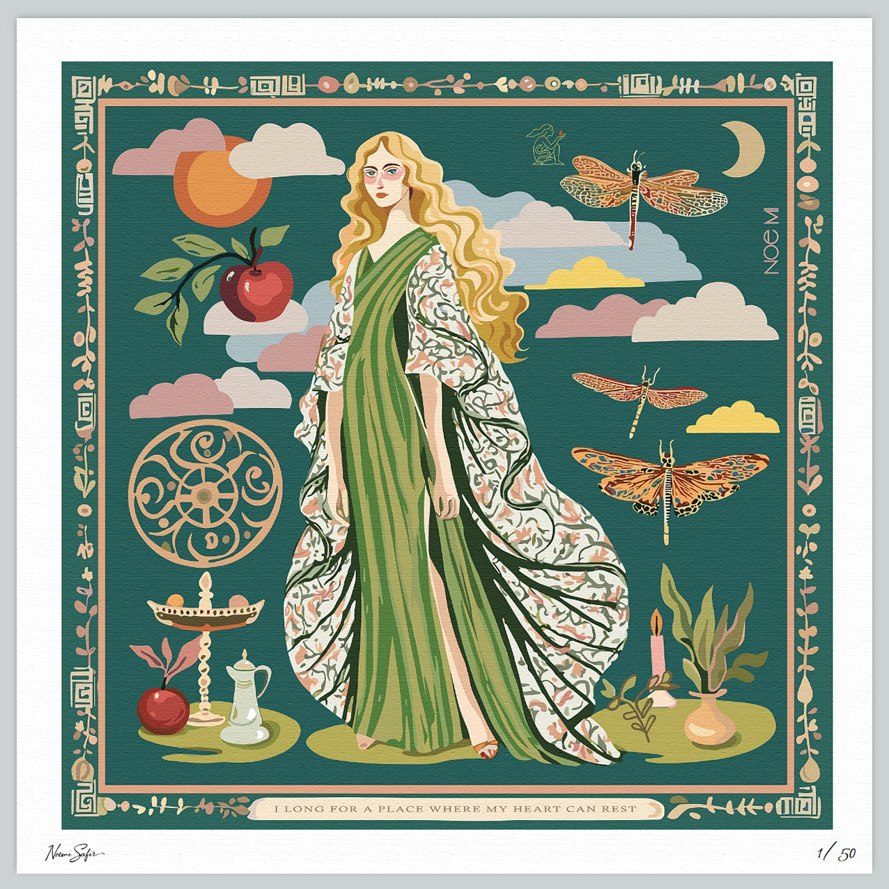 NOE MI Gown Stories fine art print on archival paper, featuring feminine figurative artwork with dragonflies, apple, and symbolic motifs, collectible wall art for homes worldwide.