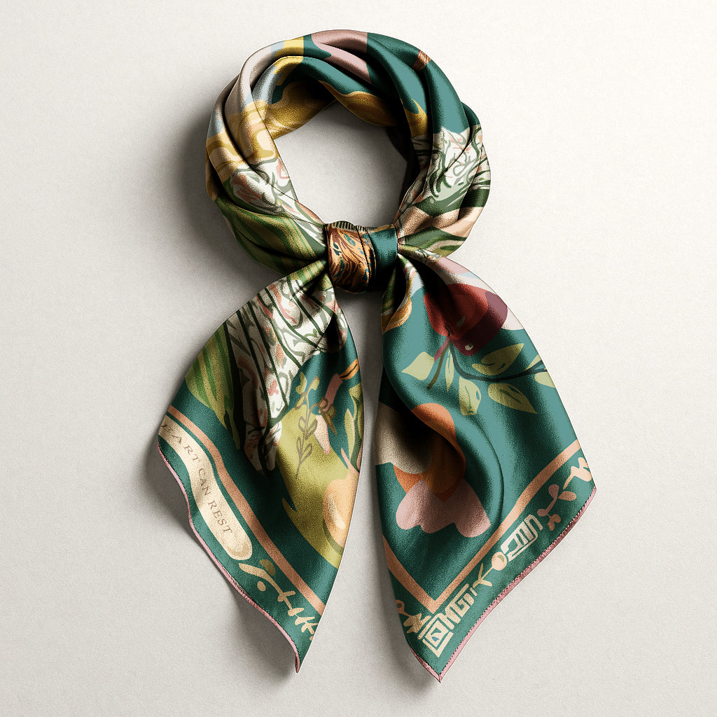 High-end silk twill scarf by NOE MI, Gown Stories design in green, ivory, and golden details, combining surreal artwork with luxury fashion, international fashion accessory.