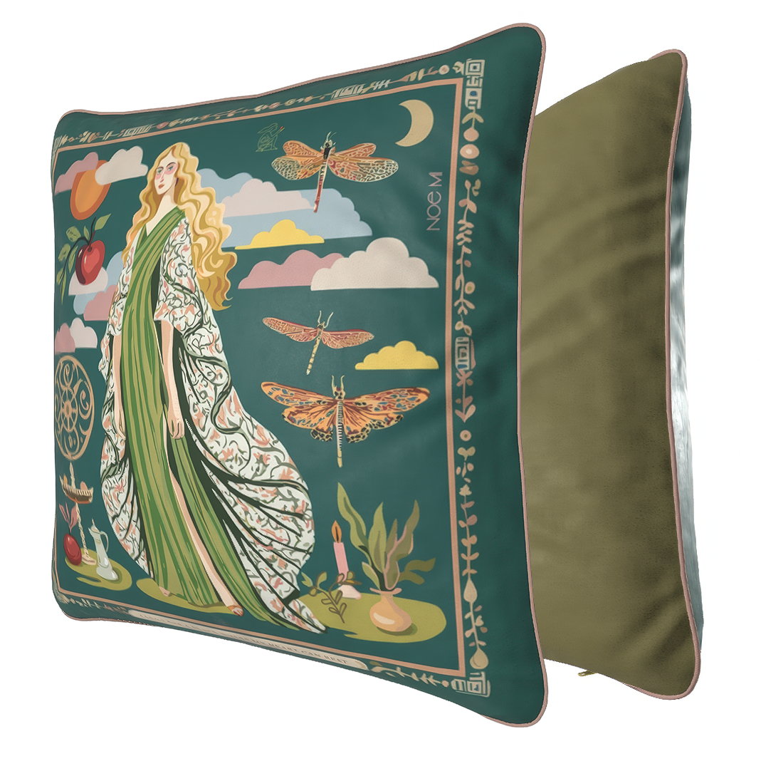 Velvet decorative pillow by NOE MI, luxury cushion with collectible artwork, crafted for stylish interiors