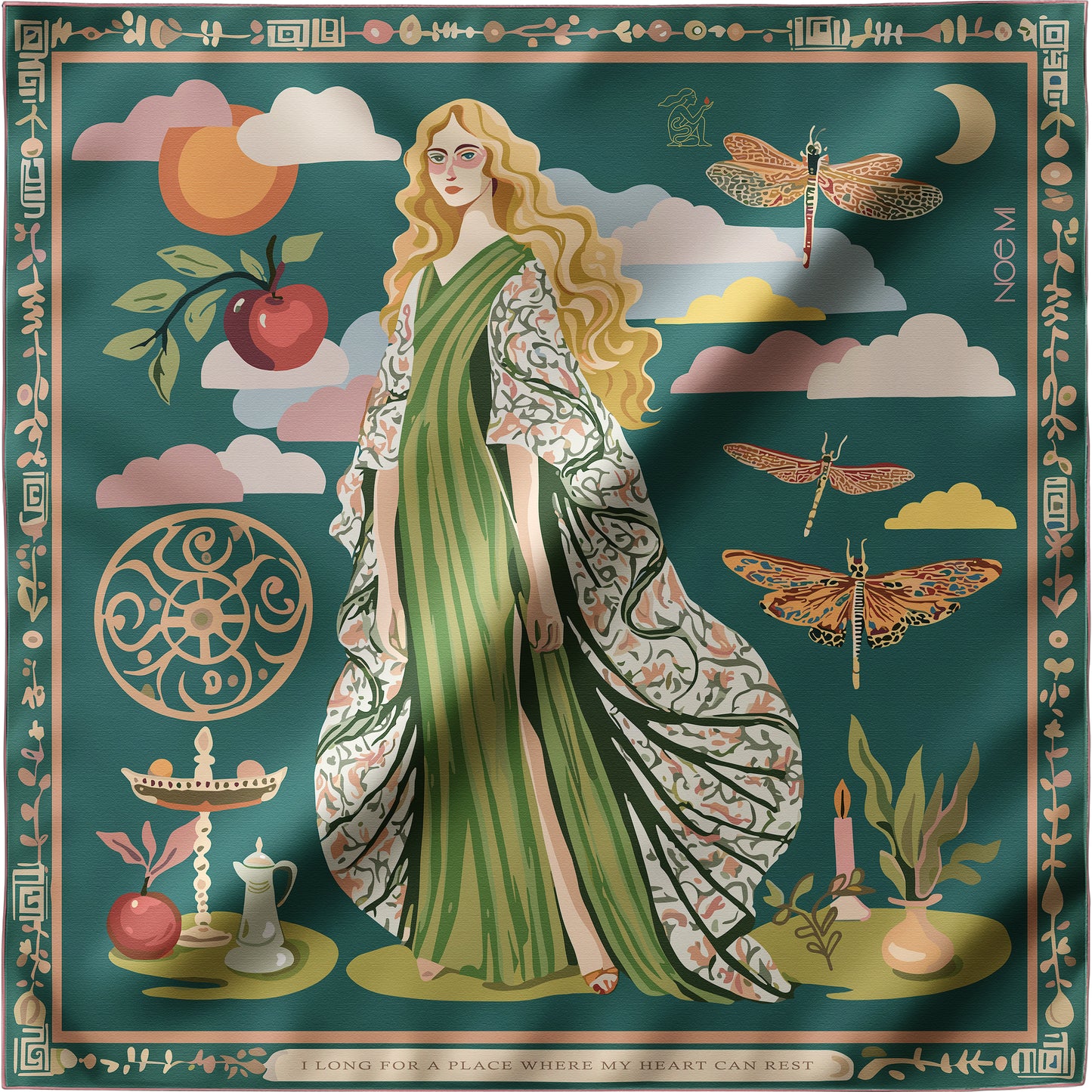 NOE MI Gown Stories luxury silk twill scarf in green, ivory, and terracotta, featuring figurative woman artwork with dragonflies, apple, and symbolic motifs, designer accessory for women worldwide.