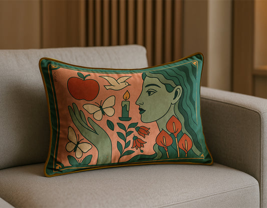Decorative rectangular luxury velvet pillow/cushion in green and pink with artistic design on a beige sofa