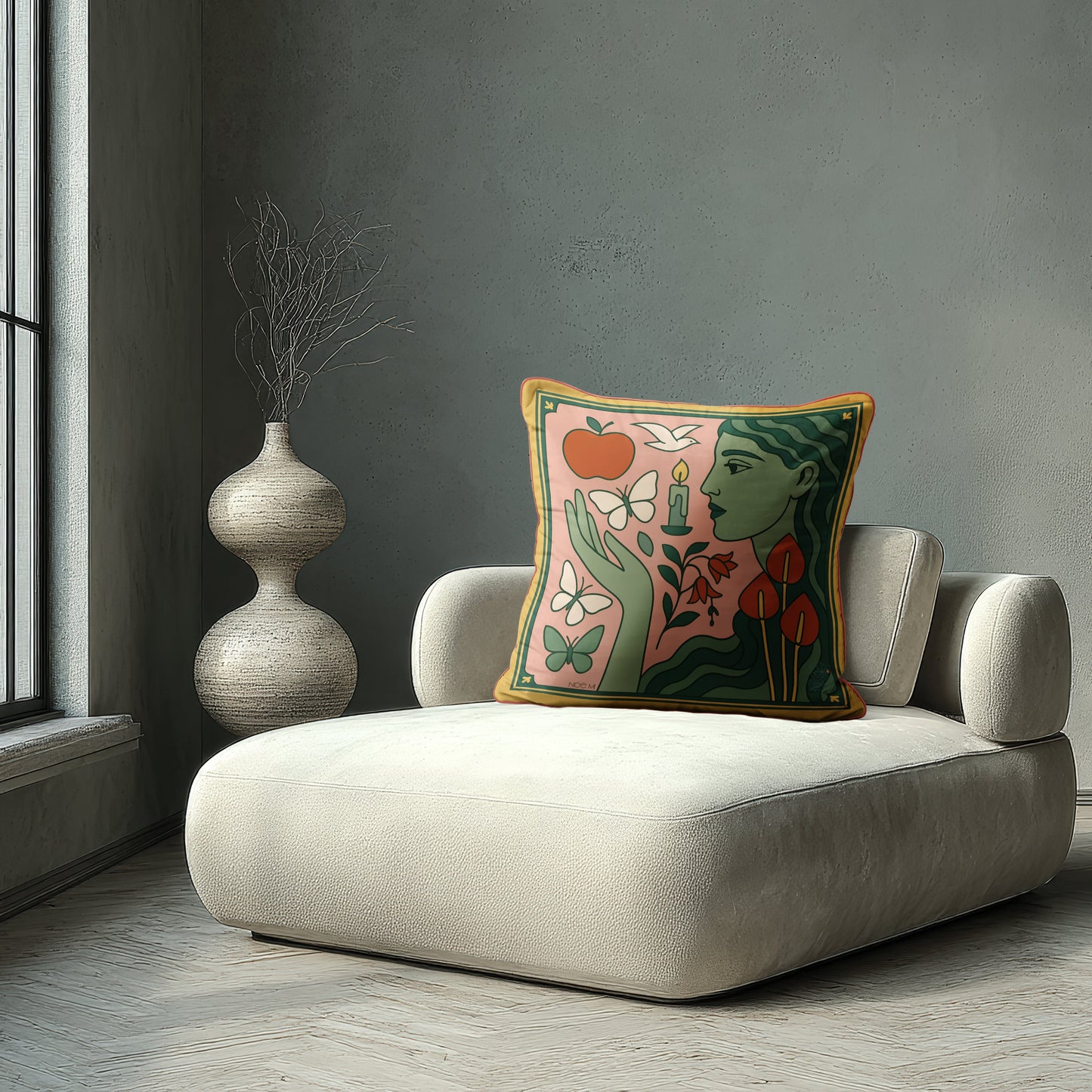 High-end velvet cushion from NOE MI, designer square pillow with artistic surrealist motif, luxury decorative home décor for modern interiors.
