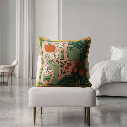Luxury velvet cushion by NOE MI, artistic square pillow with symbolic feminine storytelling prints, high-end home décor piece for international clients.