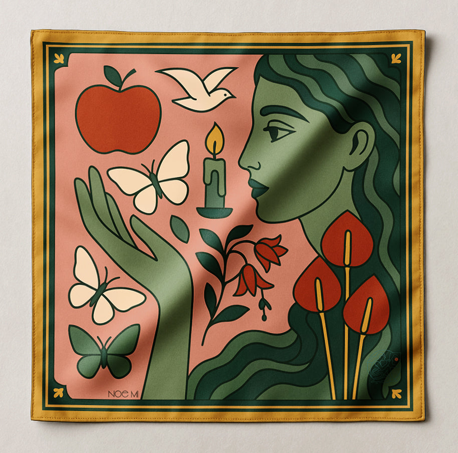 Decorative square NOE MI luxury art silk twill scarf with artistic design of a woman's face, hands, flowers, and nature elements on a pink background.