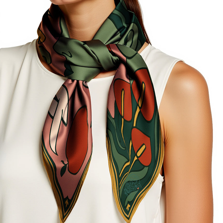Woman wearing a colorful NOE MI luxury art silk twill scarf with floral pattern on a plain background