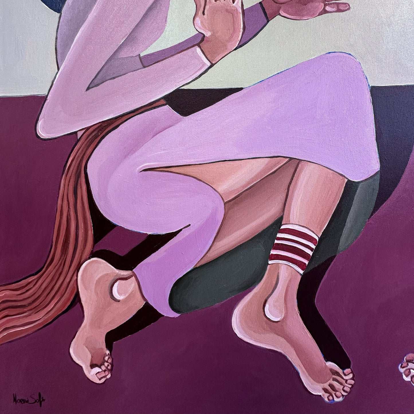 Noemi Safir original painting A Silent Confession, 100 × 80 cm, created in 2026 as part of Drama Looks Good on Us with two female figures against a pale green and plum background.