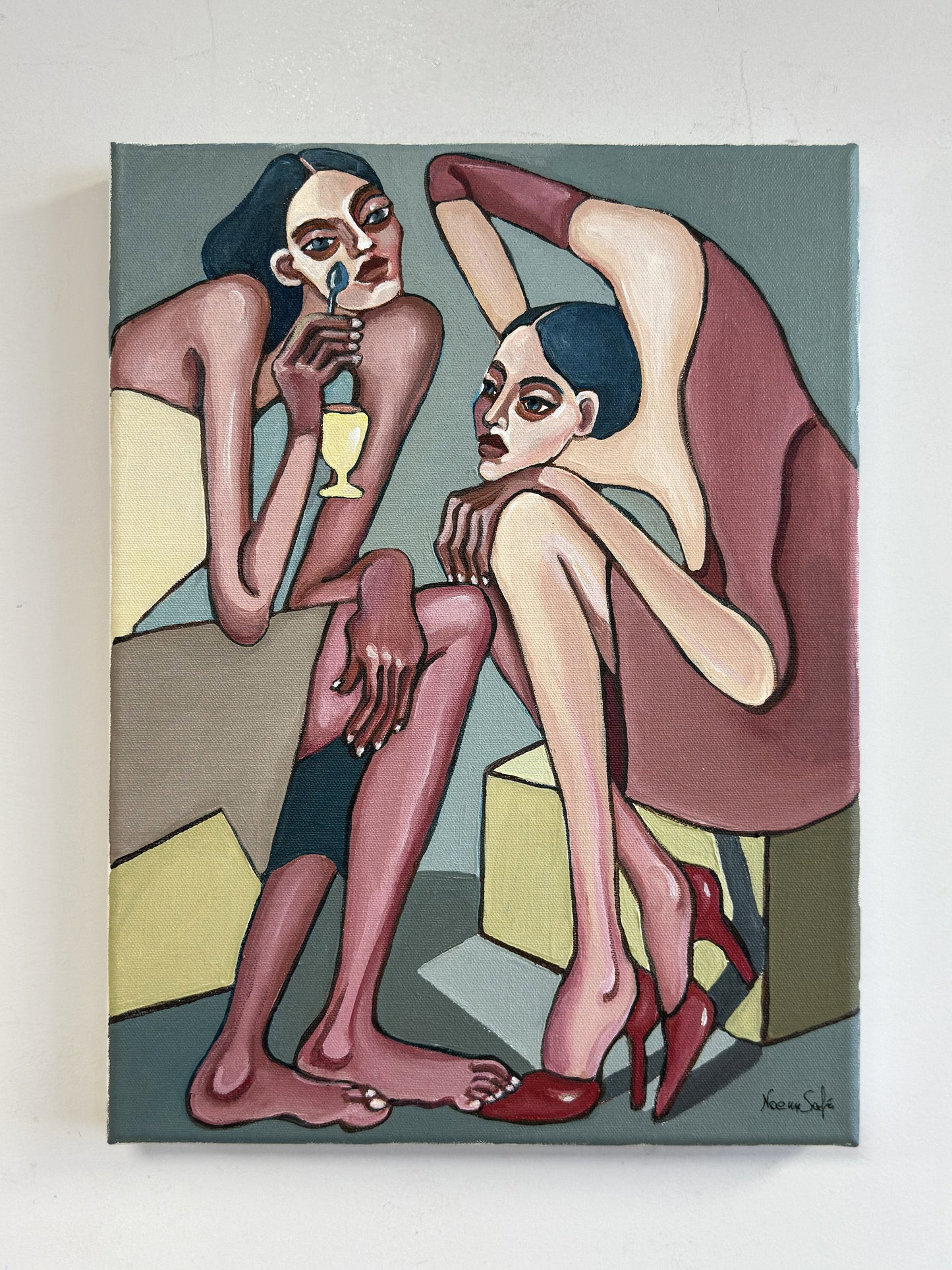 Highly collectible original painting Too Pretty to Behave by Noemi Safir, exploring women, emotional figurative art, feminine rebellion and contemporary symbolic painting.