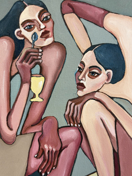 Too Pretty to Behave by Noemi Safir, original painting from Drama Looks Good on Us, featuring two women in a glamorous and emotionally charged scene.