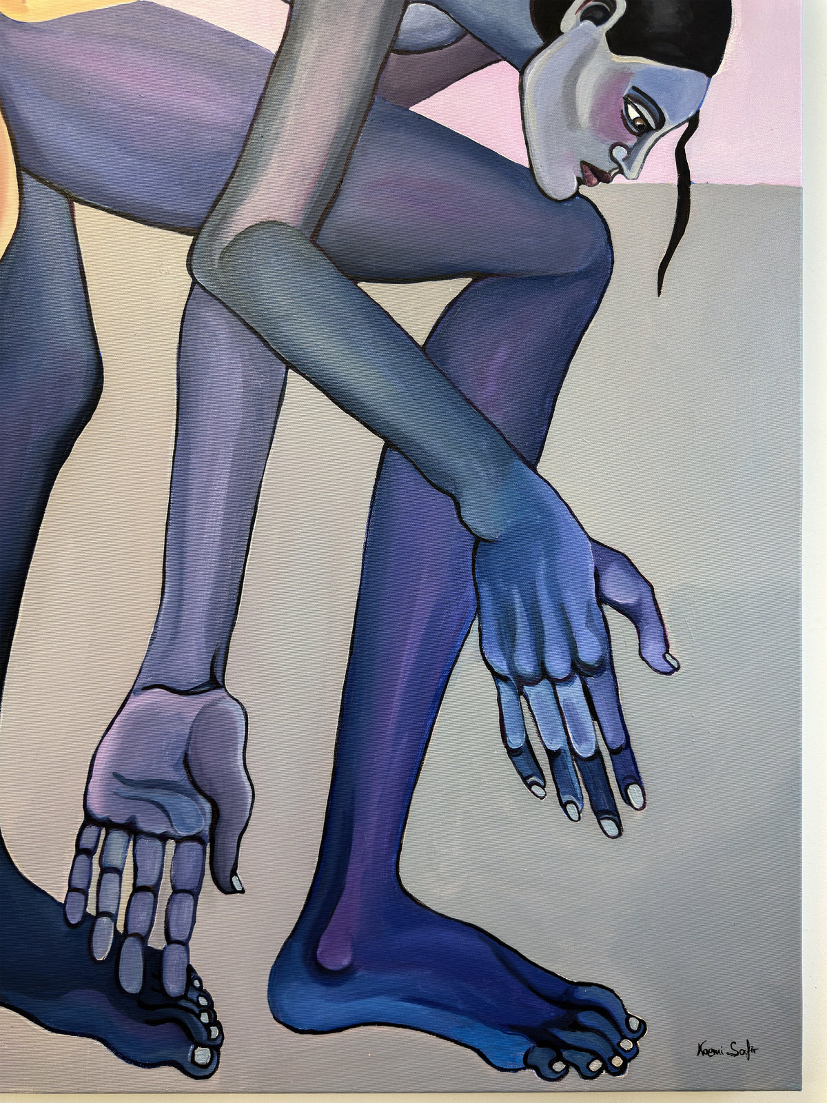 Figurative artwork by Noemi Safir showing one woman reaching toward another in a quiet gesture of care and connection.