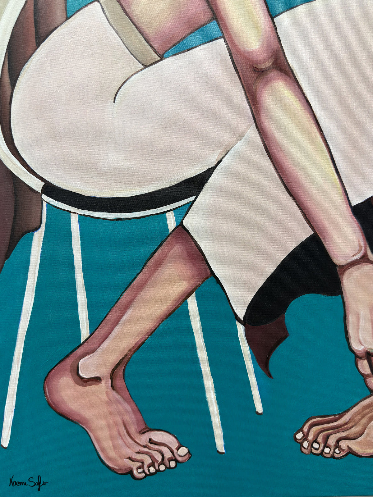 This figurative artwork by Noemi Safir uses seated poses, direct gazes and compressed distance to create a sense of private confession.