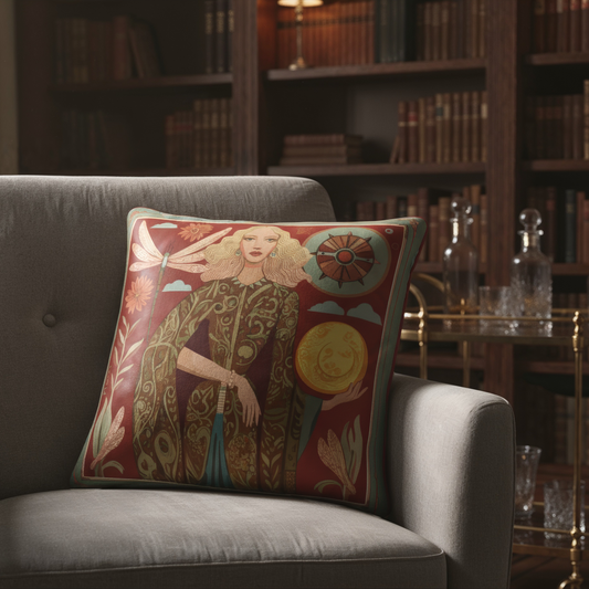 Designer velvet pillow by NOE MI, showcasing Lunar Empress artwork in terracotta and gold tones with ivory highlights, celestial moon and floral accents, luxury home accessory for worldwide design lovers.