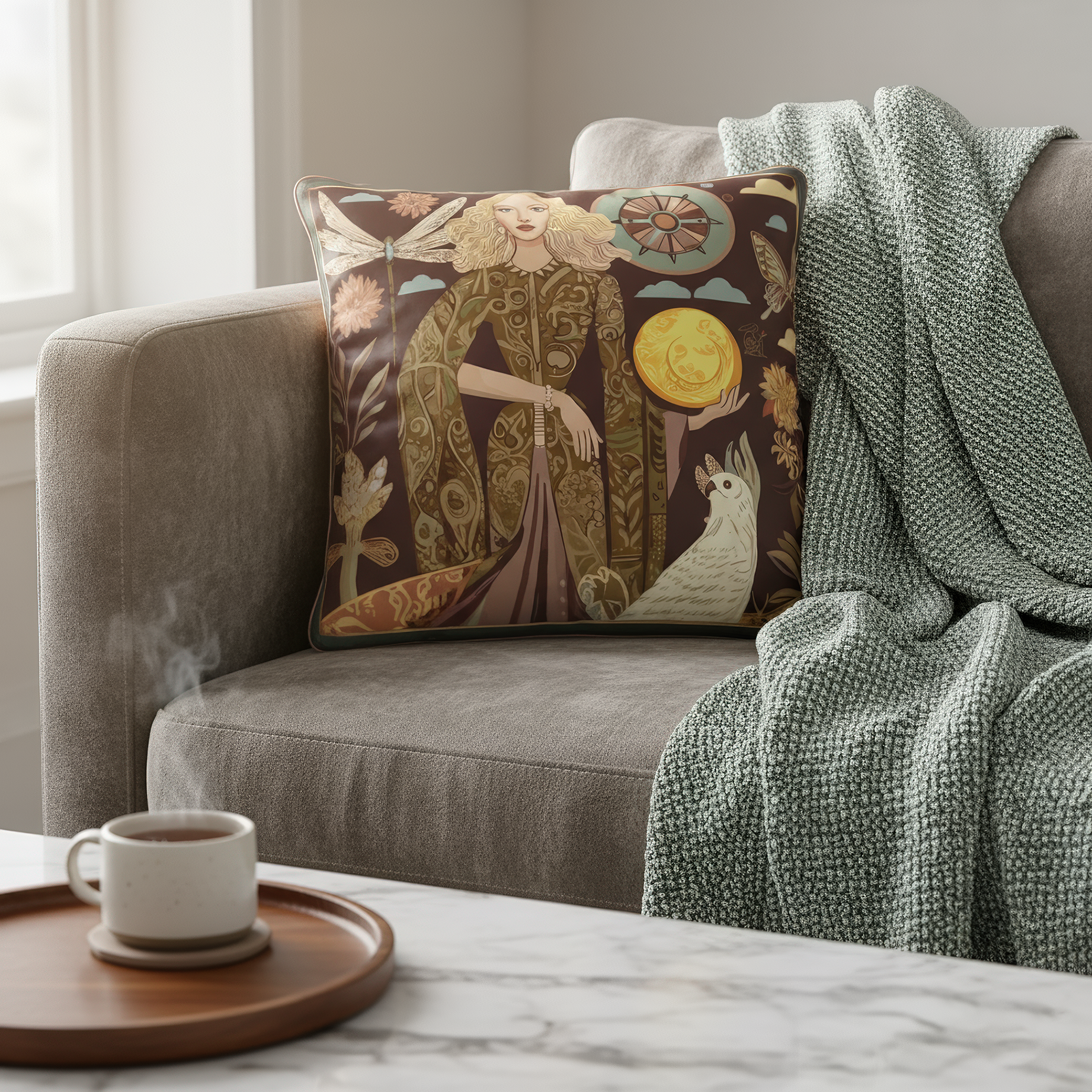 Decorative pillow showcasing "Lunar Empress and the White Parrot" in a surreal, richly patterned scene, ideal for collectors of narrative-driven interior art.