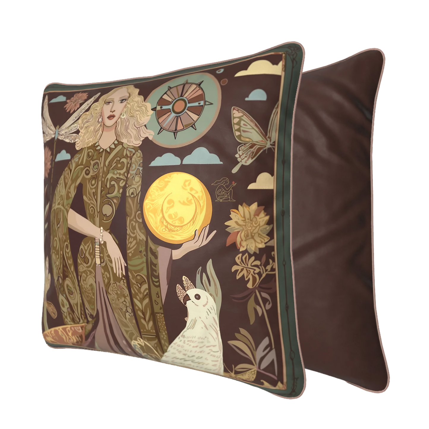 Artistic square velvet pillow from NOE MI’s signature collection, with celestial queen, full golden moon, and symbolic white parrot,  perfect for luxurious storytelling home decor.