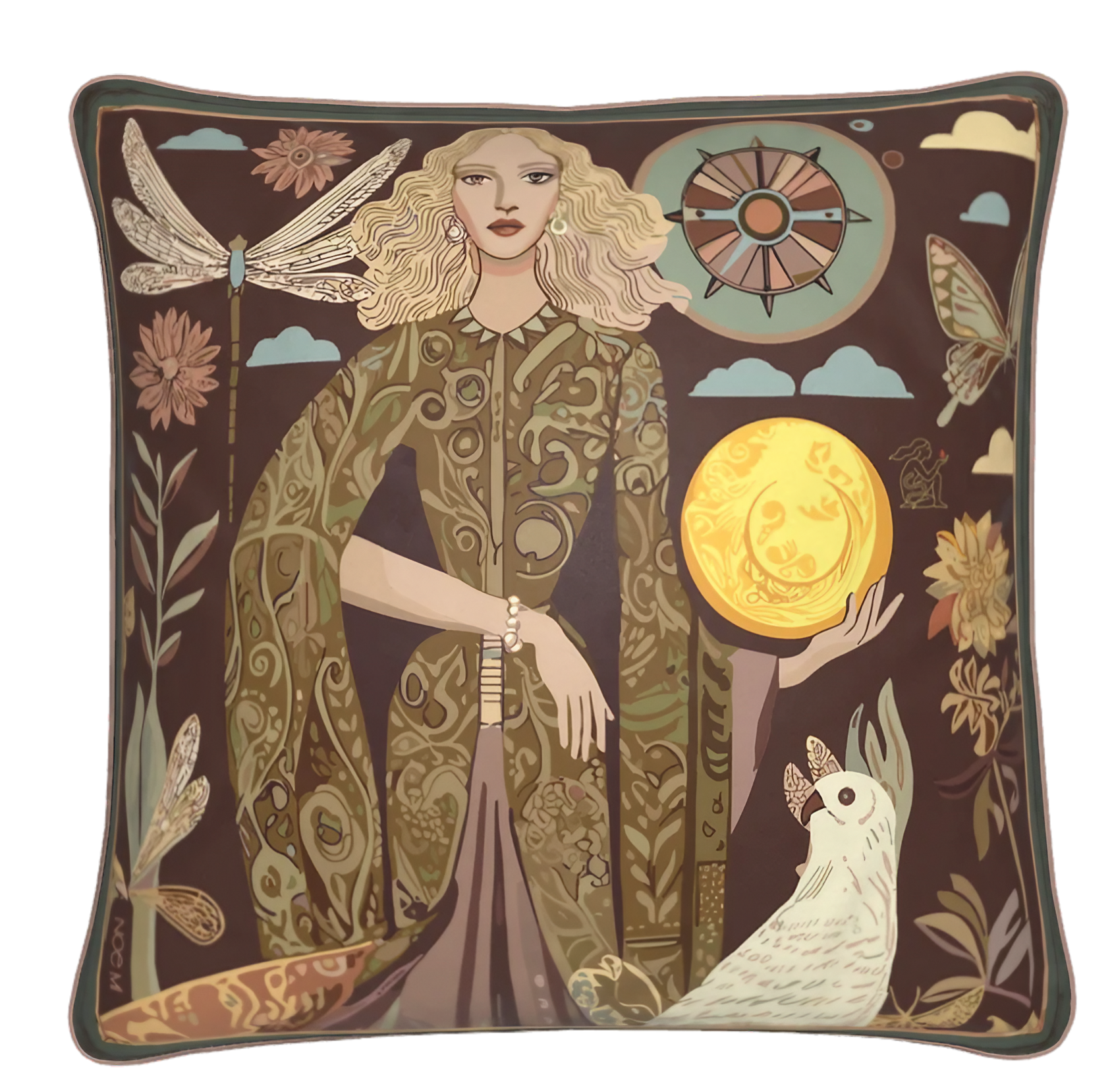 NOE MI luxury cushion featuring the artwork "Lunar Empress and the White Parrot", showcasing a moon-holding woman in a royal olive-green robe with botanical patterns, designed for elegant interiors.