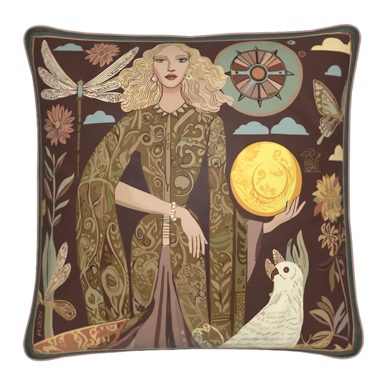 NOE MI luxury cushion featuring the artwork "Lunar Empress and the White Parrot", showcasing a moon-holding woman in a royal olive-green robe with botanical patterns, designed for elegant interiors.