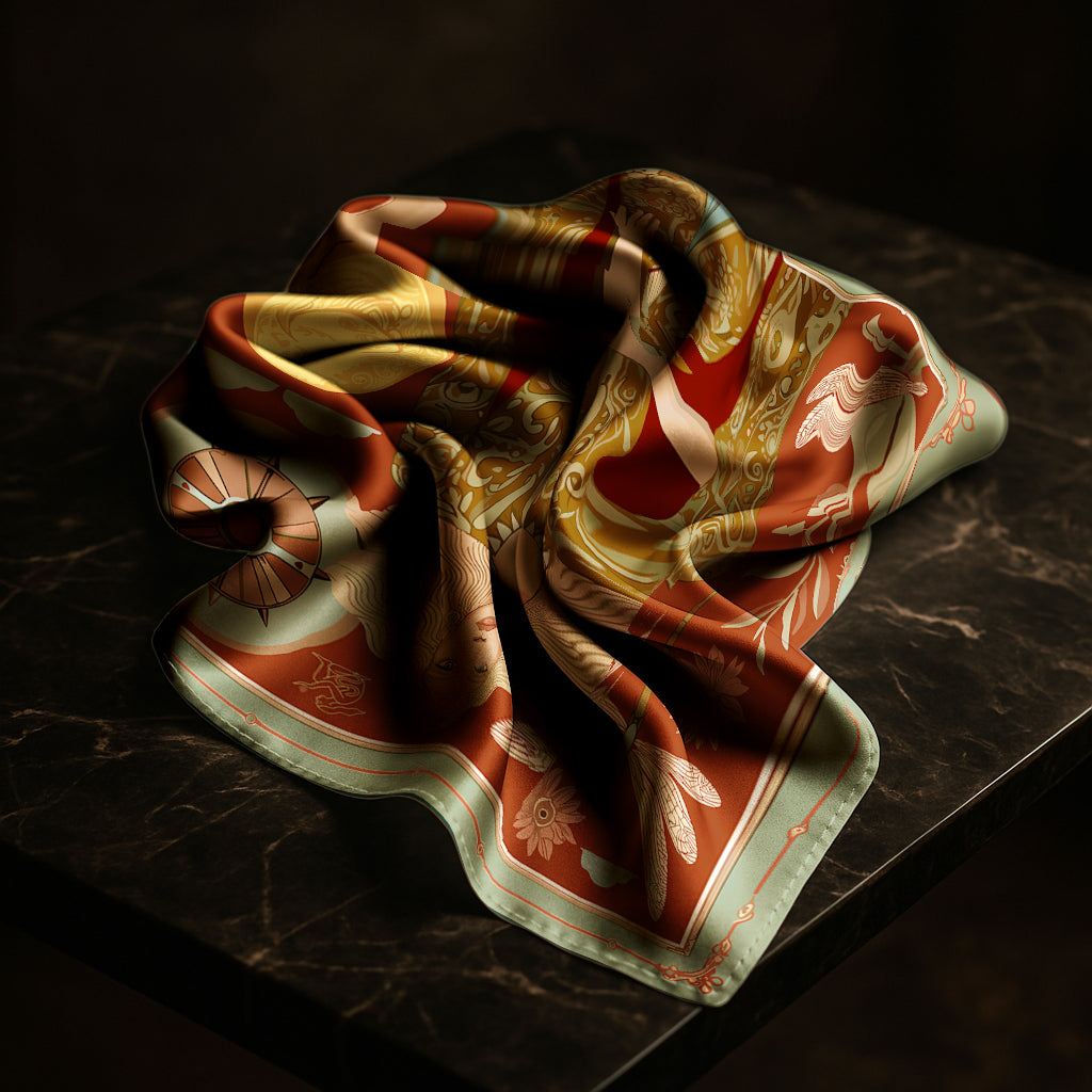 NOE MI elegant silk twill scarf featuring goddess holding golden moon, intricate botanical patterns, in earthy green and warm red