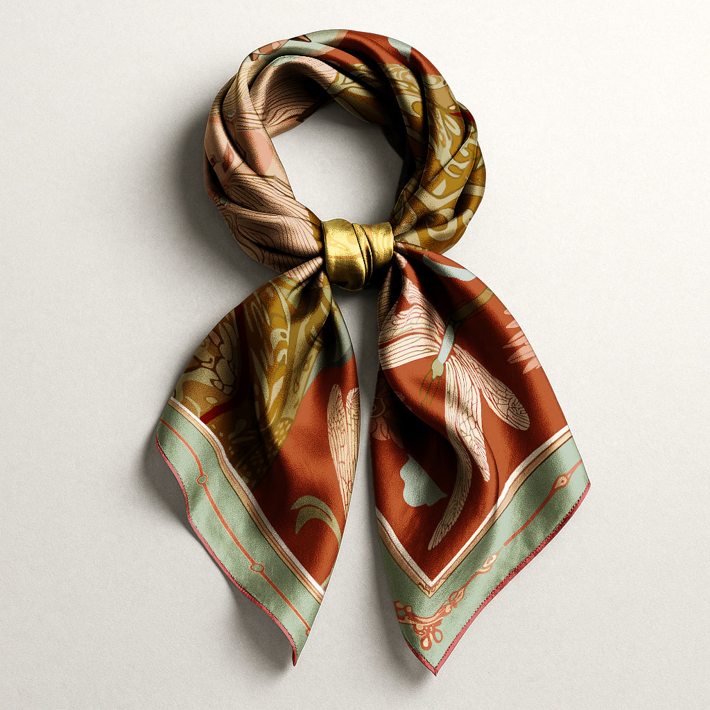 NOE MI 100% silk twill scarf with dragonfly and moon print in deep terracotta, olive green, and gold, luxury fashion accessory