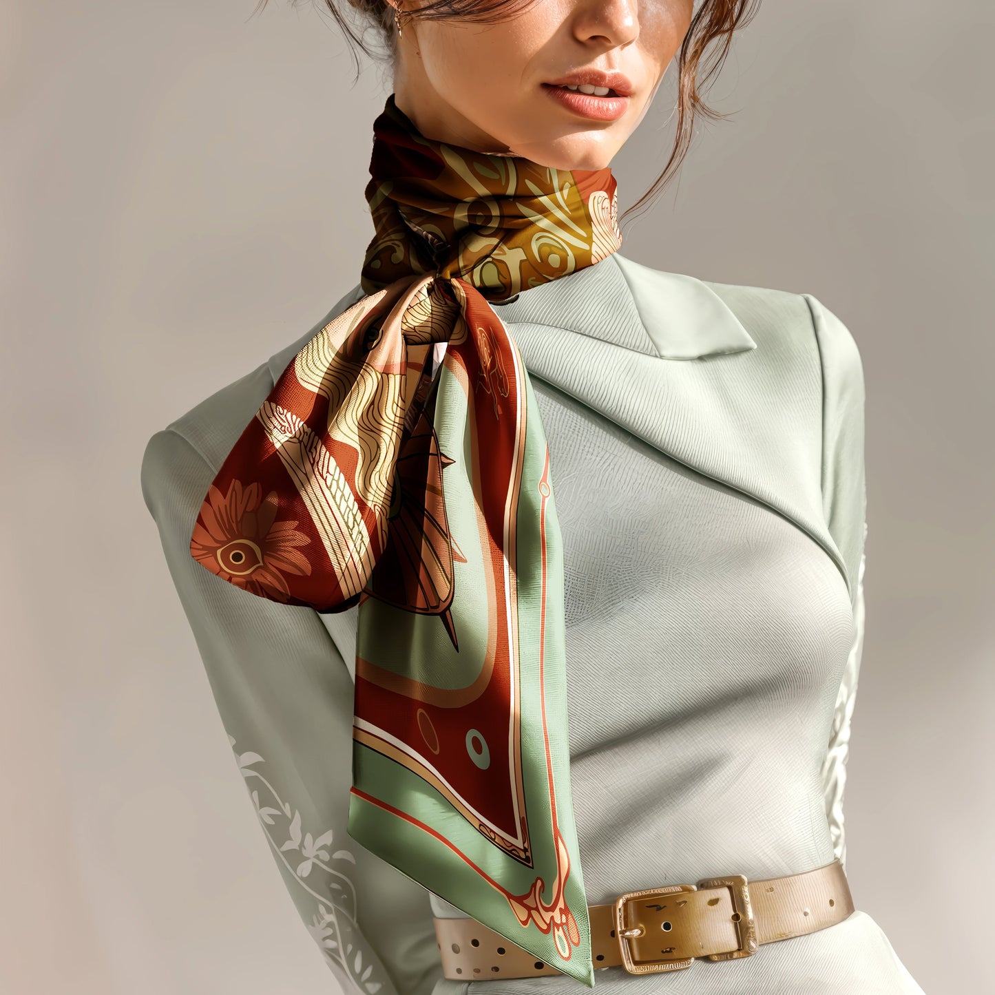 NOE MI artistic luxury silk scarf in rich green, bronze, and golden hues with celestial theme inspired by moon and nature