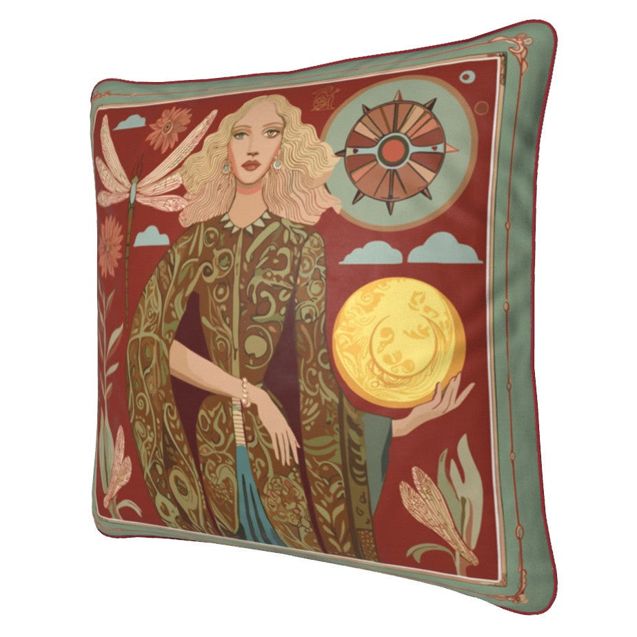 NOE MI artistic velvet pillow with celestial goddess and moon motif, color palette of terracotta, gold, and ivory, designed for luxury interiors across the world.