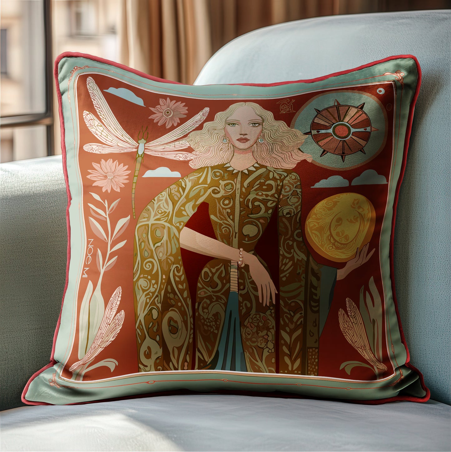 NOE MI luxury velvet cushion in terracotta and gold, featuring the Lunar Empress artwork with celestial goddess, dragonflies, and moon, premium home décor for global collectors.