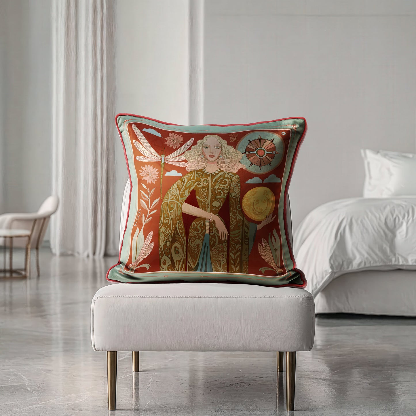High-end decorative cushion by NOE MI, crafted in soft velvet with full-edge piping, Lunar Empress design in terracotta, gold, and ivory, elegant décor piece for international spaces.