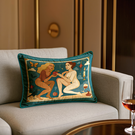 Decorative pillow for modern spaces or artistic lofts, this cushion by NOE MI merges paasion and mystery through symbolic surrealist design.