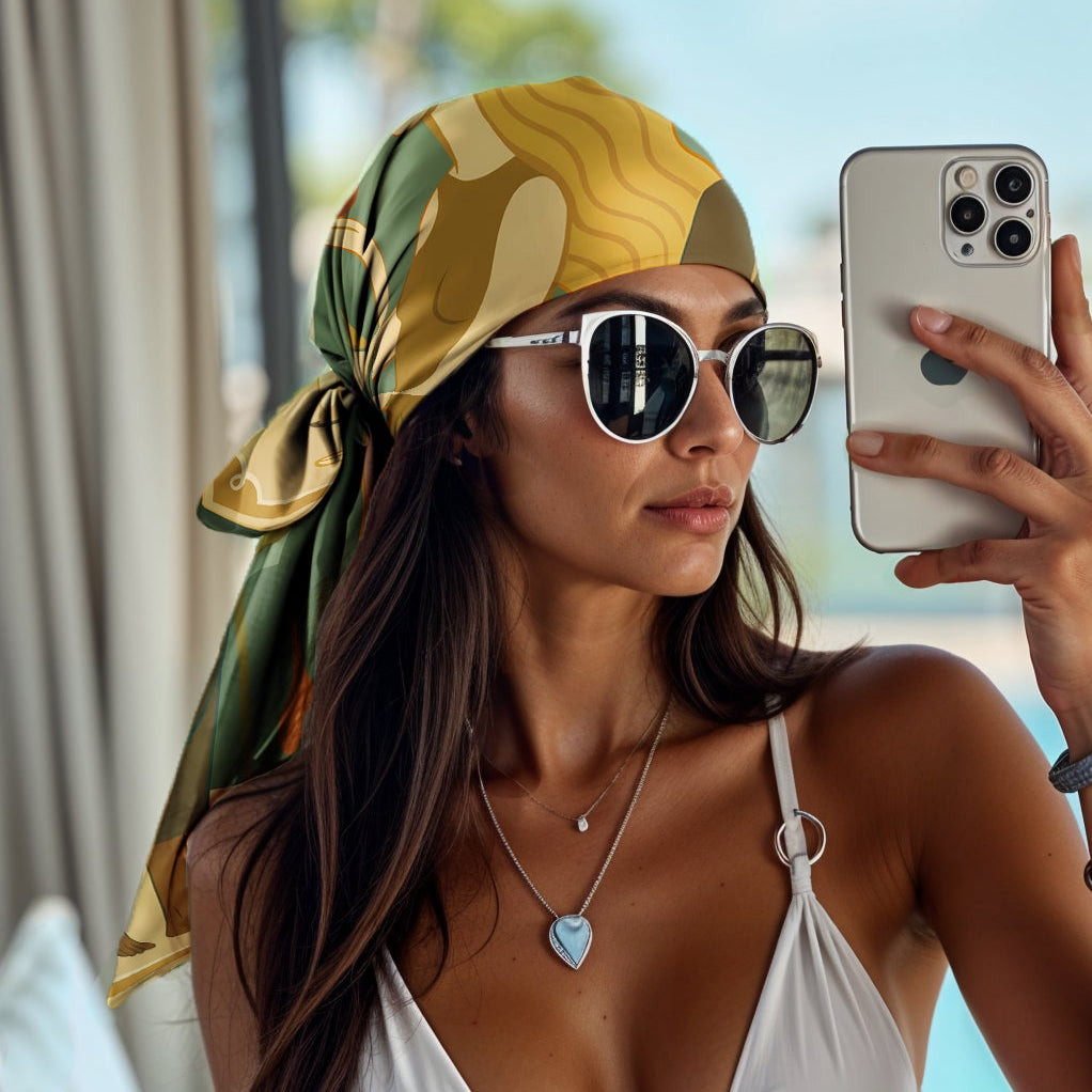 Woman in a white bikini taking a selfie by a pool wearing a luxury art silk twill scarf on her head