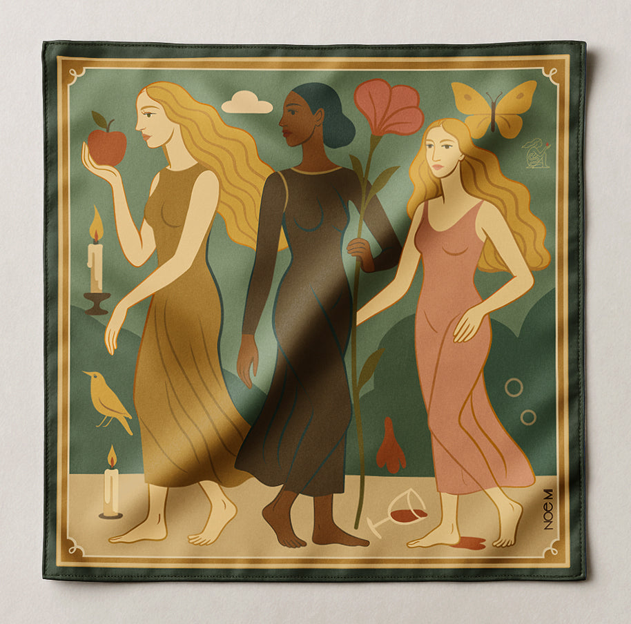 Decorative square luxury art silk twill scarf with three illustrated women holding symbolic items on a green background
