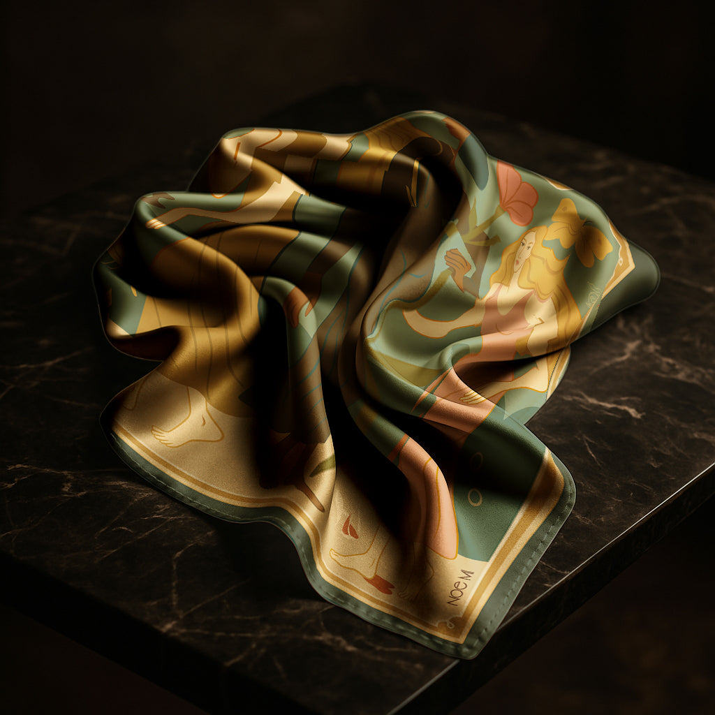 Folded luxury art silk twill scarf with a pattern on a dark surface